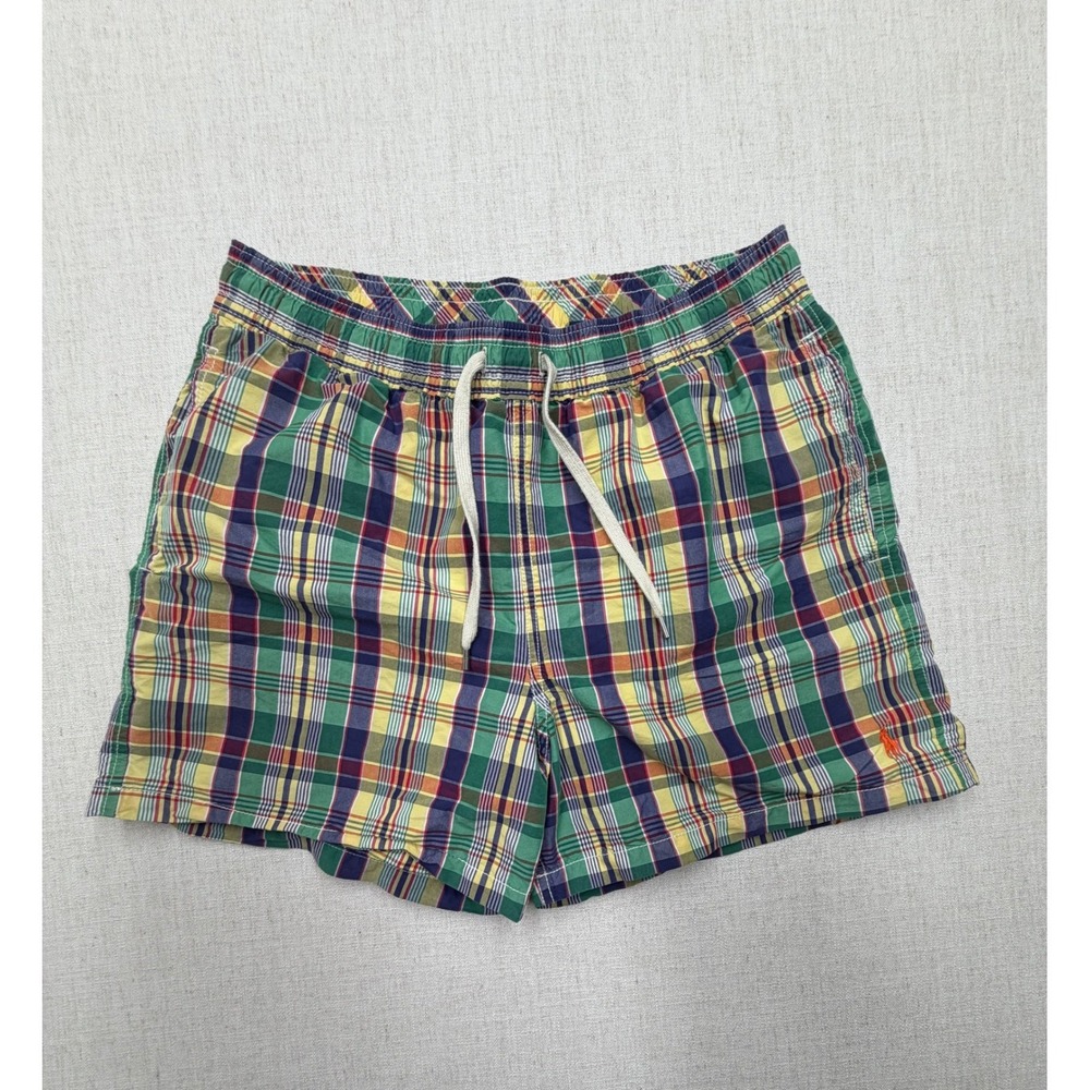 Polo Ralph Lauren Mens Small Plaid Madras Swim Trunks Green Yellow Orange Pony